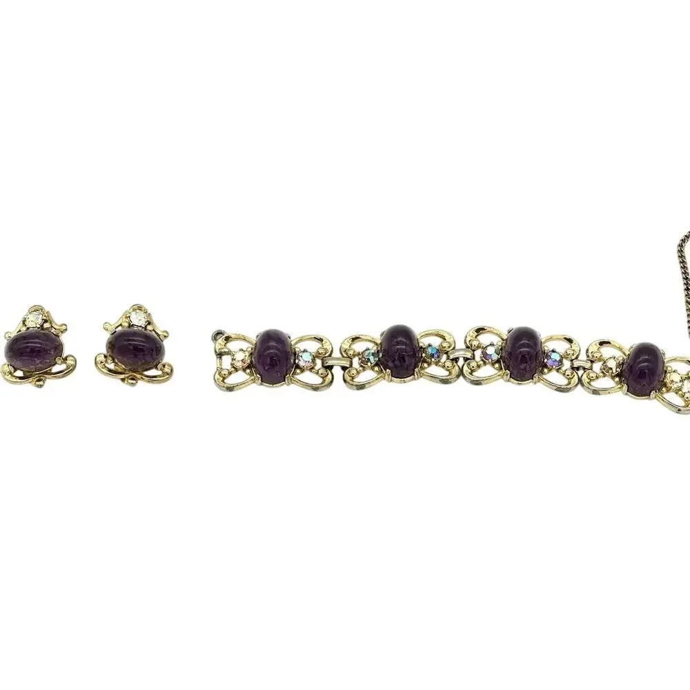 Schiaparelli Vintage Purple Cobachon Rare Bracelet and Earrings Set As Is - Picture 1 of 16